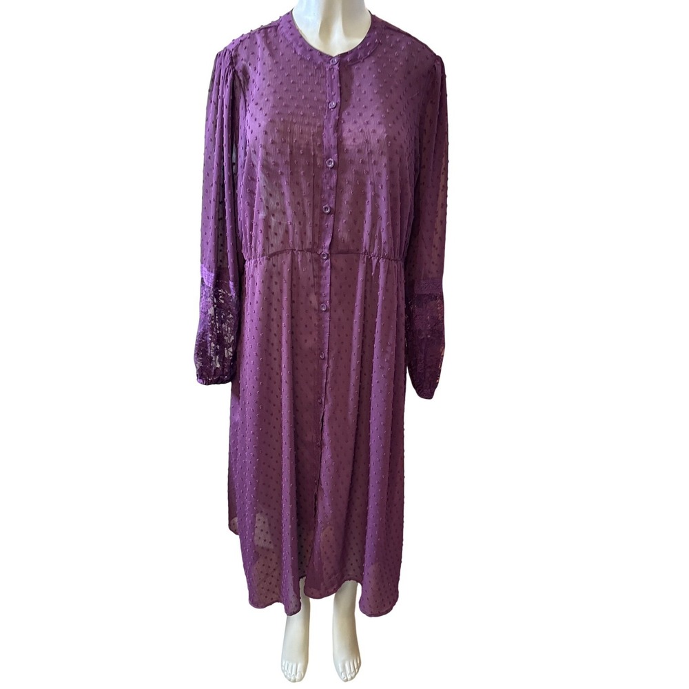 Purple Swiss Dot, Lace Sleeve, Button Front Midi Dress, Whimsy, Cottage Core, XL - Picture 3 of 8